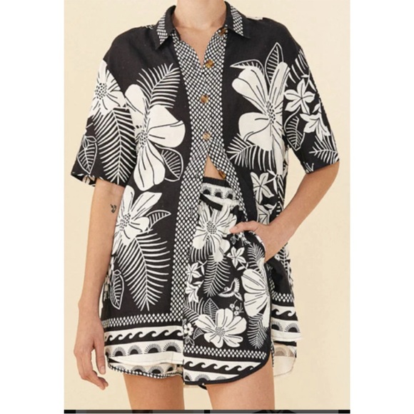 Farm Rio Macaw Elegance Uni Linen Blend Shirt Unisex Medium Short Sleeve Button - Picture 3 of 8